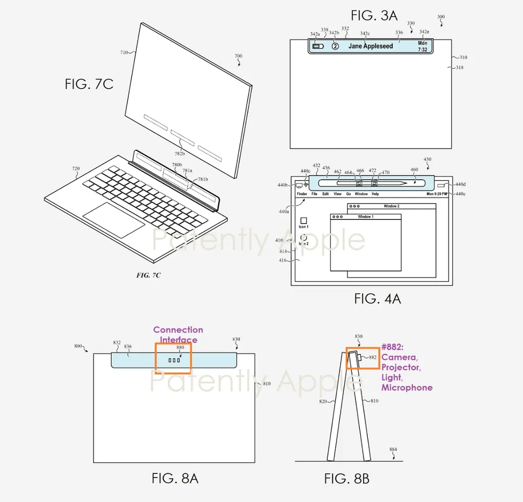 Patente também mostra dobradiça exibindo notificações e com suporte para Apple Pencil (Imagem: Reprodução/PatentlyApple)