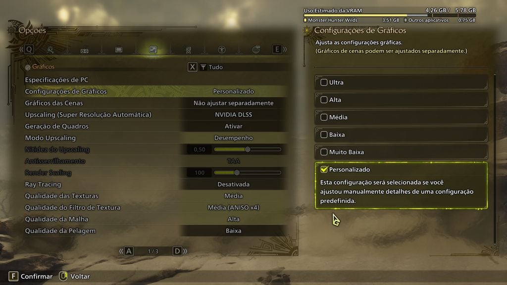 Menu de configuração do benchmark de Monster Hunter Wilds