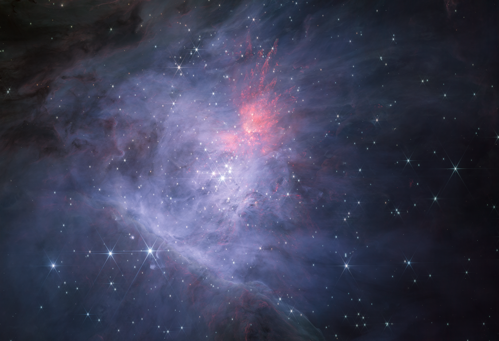 Área interna da Nebulosa de Órion e do Aglomerado do Trapézio em composição de comprimentos de onda curtos (Imagem: Reprodução/NASA, ESA, CSA/M. McCaughrean, S. Pearson)