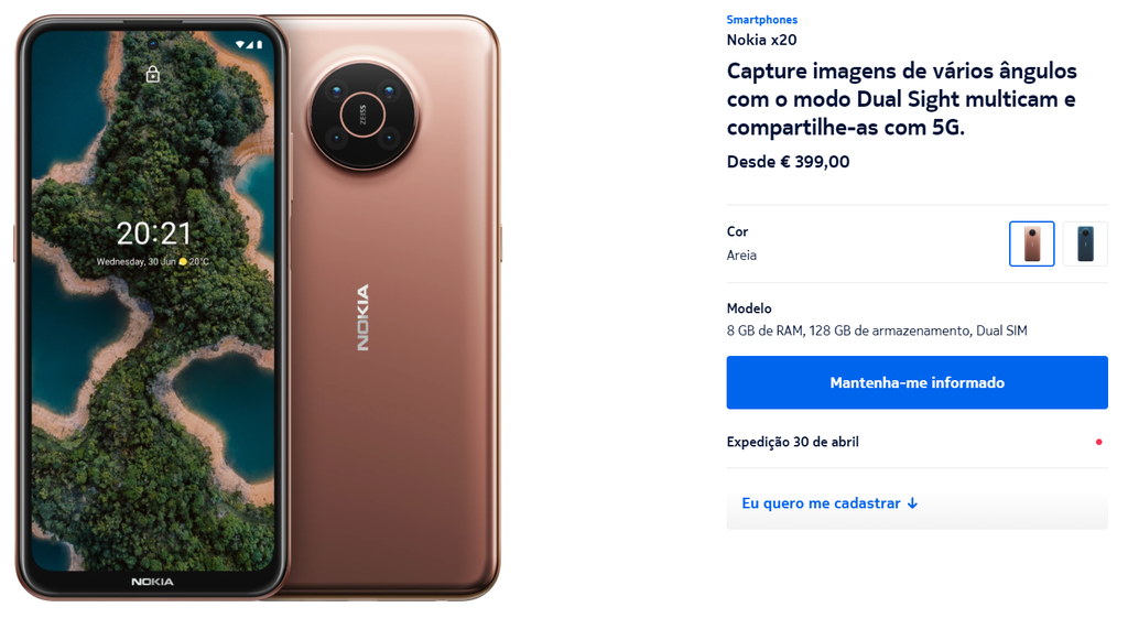 Em vez dos 340 euros anunciados, o Nokia X20 aparece listado por 399 euros na França e Alemanha (Imagem: Reprodução/Nokia França)