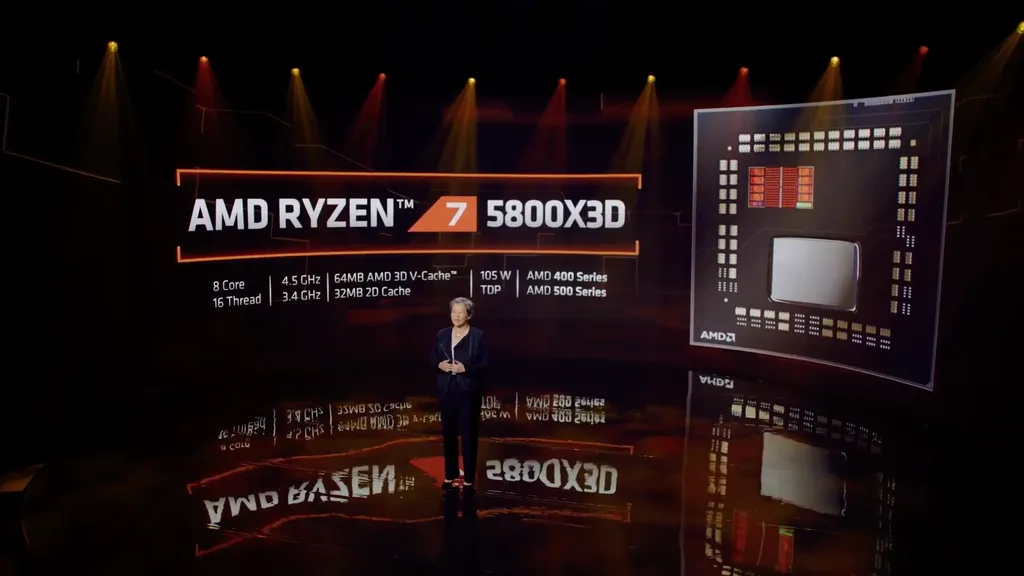 Com promessa de ganho de desempenho de 15% sobre o Ryzen 9 5900X, o Ryzen 7 5800X3D é o primeiro da marca para consumidores a estrear o 3D V-Cache (Imagem: Reprodução/AMD)