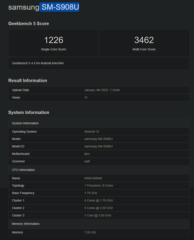 Samsung Galaxy S22 Ultra no Geekbench com Snapdragon 8 Gen 1