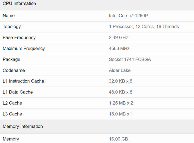Intel Core i7 1260P Geekbench Vazamento
