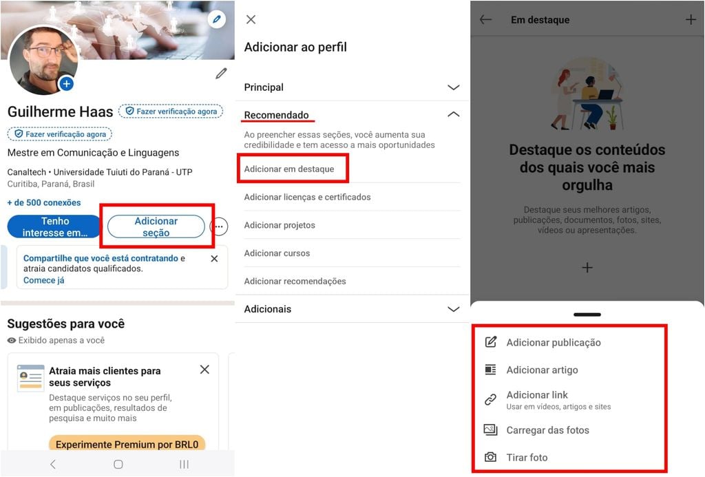 Adicione “Em destaque” para montar um carrossel com os conteúdos mais representativos do seu trabalho (Imagem: Captura de tela/Guilherme Haas/Canaltech)