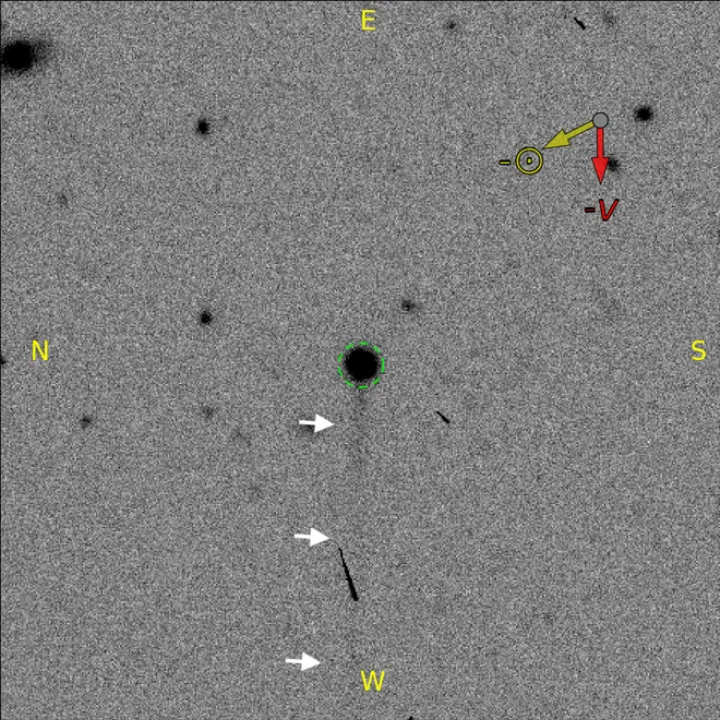 O traçado pontilhado verde indica o asteroide em si e o risco preto é apenas um raio cósmico (Imagem: Reprodução/NASA/Citizen Science Active Asteroids)
