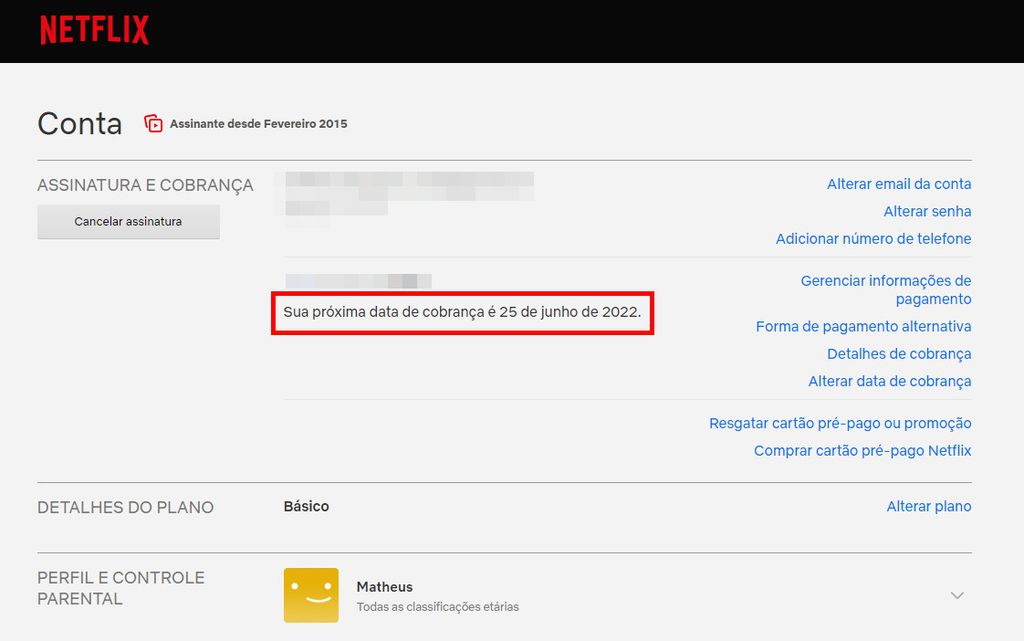 Como saber a data de pagamento do serviço de streaming (Imagem: Captura de tela/Matheus Bigogno/Canaltech)