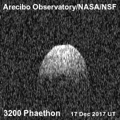 Imagens do asteroide 3200 Faetonte, com um diâmetro de 5,8 km, obtidas pelo Arecibo (Imagem: Reprodução/Arecibo Observatory/NASA/NSF)