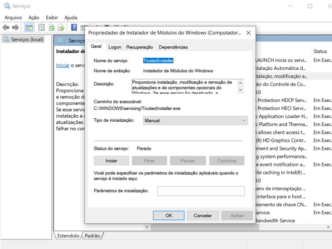 Abra de propriedades traz as funções do Instalador de Módulos do Windows (Imagem: André Magalhães/Captura de tela)
