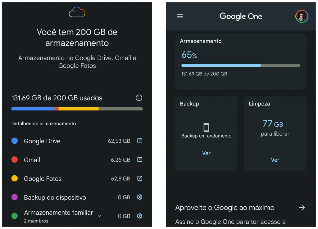 Use o app do Google One para gerenciar o armazenamento e conferir os benefícios do serviço (Imagem: Captura de tela/André Magalhães/Canaltech)