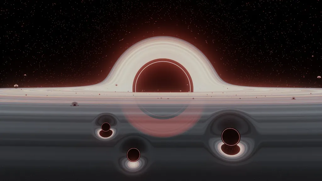 Ilustração de um enxame de buracos negros de massa estelar ao redor de um buraco negro supermassivo. Como estão em um disco plano, se movem apenas em duas dimensões (Imagem: Reprodução/J. Samsing/Niels Bohr Institute)
