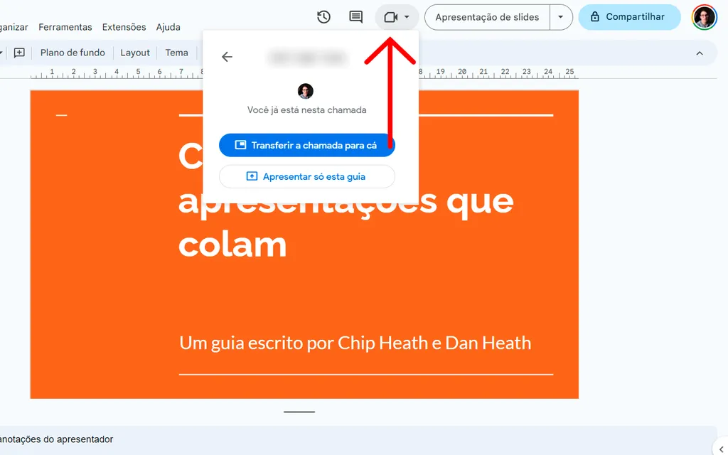 Selecione o ícone do Meet dentro do editor de slides do Google (Imagem: Captura de tela/André Magalhães/Canaltech)