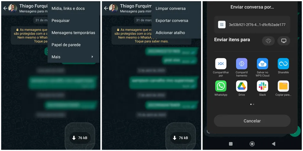 Exporte mensagens individuais e em grupos no WhatsApp do Android (Imagem: Captura de tela/Thiago Furquim/Canaltech)