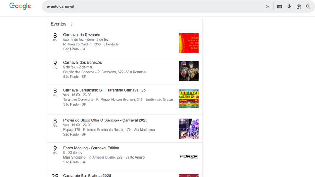 Pesquisa do Google tem um guia com shows e festas de Carnaval (Imagem: Captura de tela/Emanuele Almeida/Canaltech)