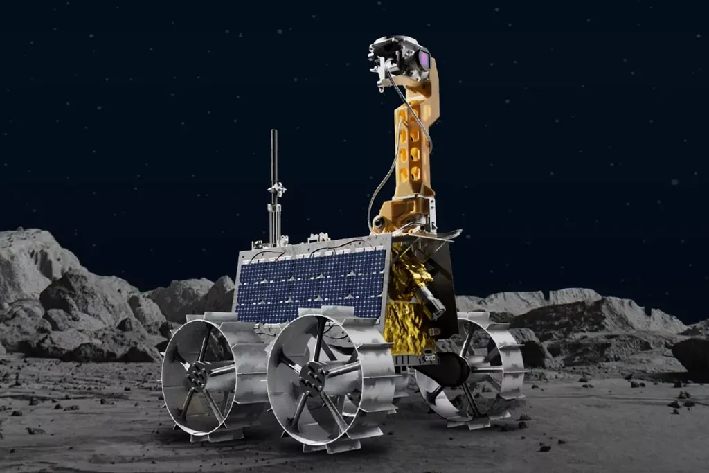 Representação do rover Rashid, que deve chegar à superfície lunar em abril (Imagem: Reprodução/Mohammed Bin Rashid Space Centre)