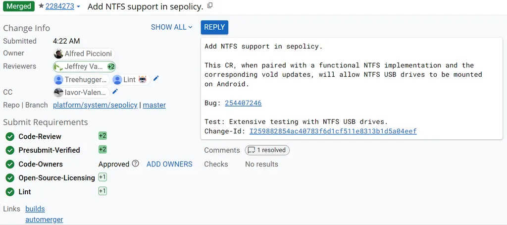 O suporte ao padrão NTFS ainda não está completo, mas mostra interesse do Google em implementá-lo (Imagem: Reprodução/Mishaal Rahman)