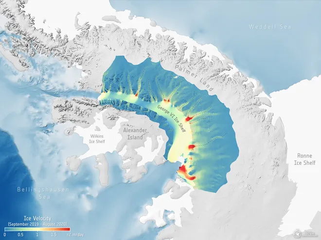 Velocidade no fluxo de gelo na Península Antártica (Imagem: ESA/Reprodução)