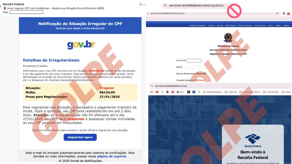 capturas de tela de email e falsa página da receita federal