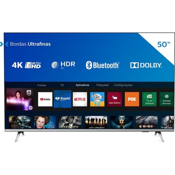 Smart TV LED 50" Philips 50PUG6654/78 Ultra HD 4k, Design sem Bordas HDR10+ Dolby Vision Dolby Atmos Bluetooth 3 HDMI 2 USB 60 HZ - Prata