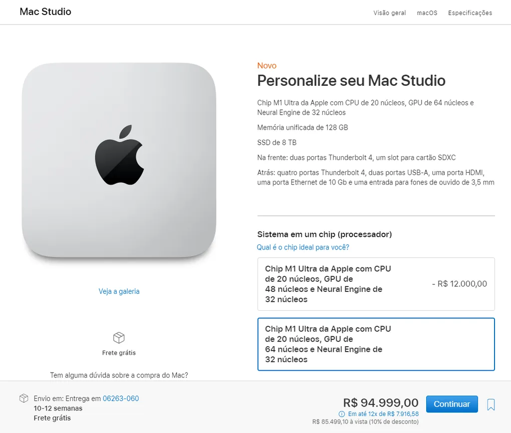 O Mac Studio mais completo, com M1 Ultra de 64 núcleos de GPU, 128 GB de memória unificada e 8 TB de armazenamento sai por R$ 94.999 (Imagem: Apple)