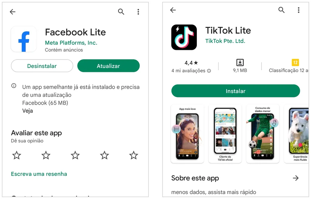 Facebook, TikTok e outros apps em versão Lite para economizar dados no celular (Captura de tela: Caio Carvalho)