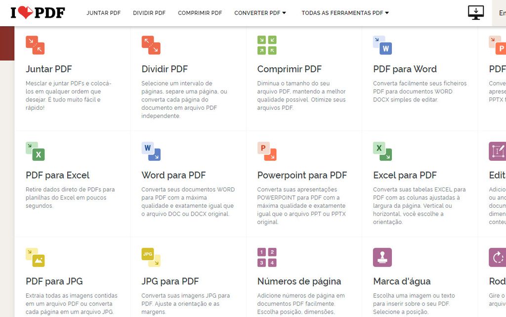 Acesse o site do iLovePDF e escolha um dos serviços ofertados pela plataforma (Captura de tela: Matheus Bigogno)