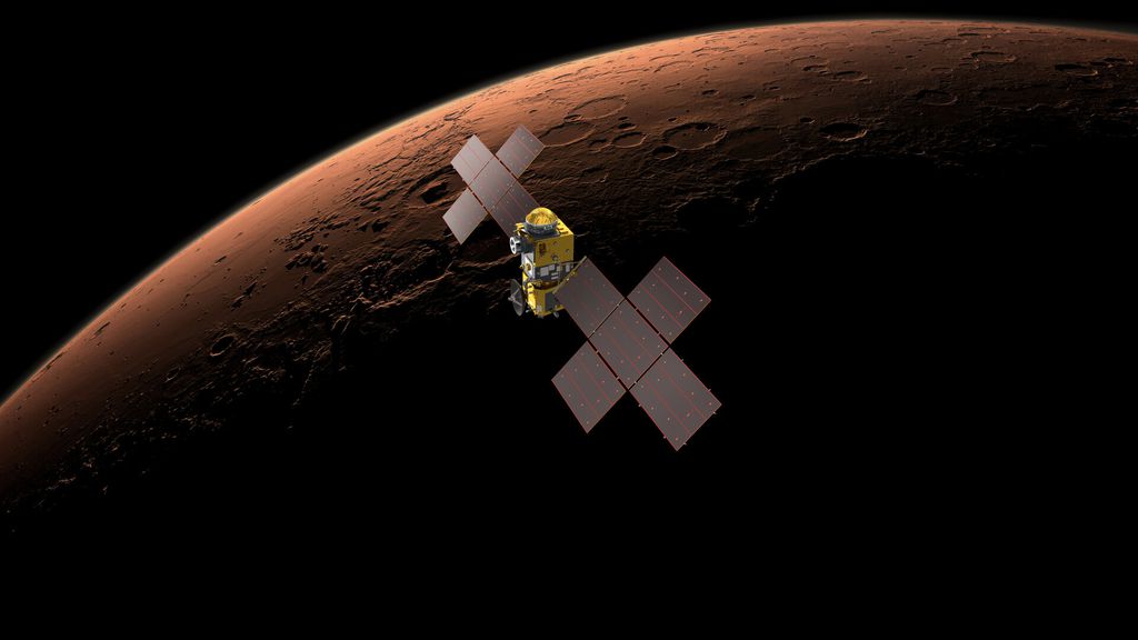 Conceito da Earth Return Orbiter, da ESA, que deverá coletar o contâiner de amostras (Imagem: Reprodução/ESA/ATG Medialab)