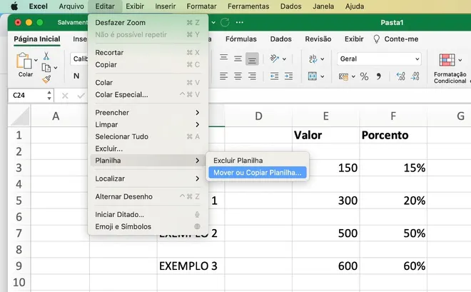 Na versão do Excel para macOS é possível duplicar uma planilha através do menu “Editar | Planilhas”