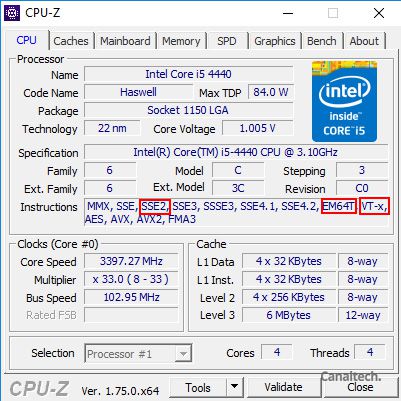 O CPU-Z traz informações detalhadas de todos os componentes instalados na sua máquina e deve ser usado para garantir que seu chip processador tem o que o Windows 10 64-bit exige