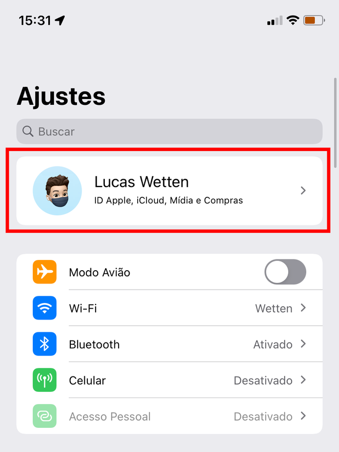 Vá em Ajustes > ID Apple. Captura de tela: Lucas Wetten (Canaltech)