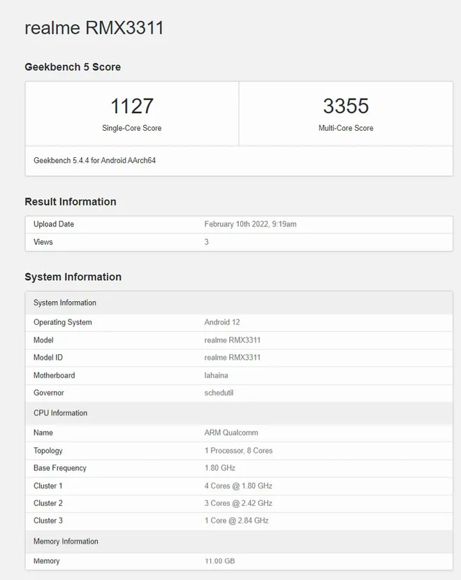 Realme GT 2 testado tem 12 GB de RAM e processador Snapdragon 888 (Imagem: Geekbench Browser)