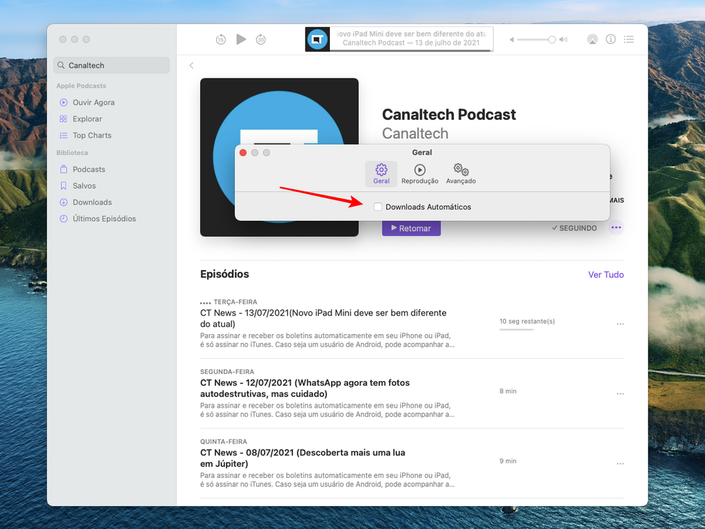 Impeça o download automático de áudio do podcast desmarcando a opção acima - Captura de tela: Thiago Furquim (Canaltech)