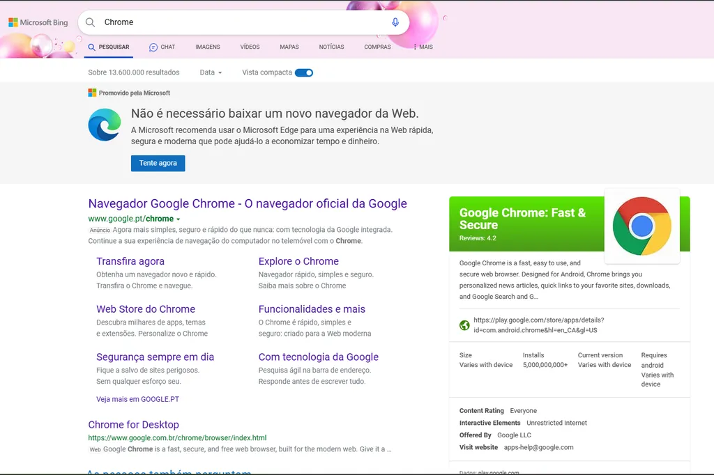 A mensagem original do Bing aparece antes dos resultados da busca do Bing, sem usar mensagens de IA (Imagem: Captura de tela/Alveni Lisboa/Canaltech)