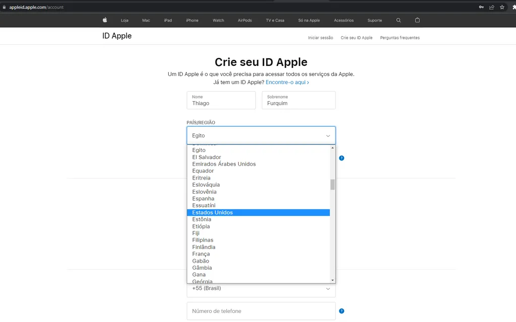 Crie ID Apple em outro país ou região (Captura de tela: Thiago Furquim/Canaltech)