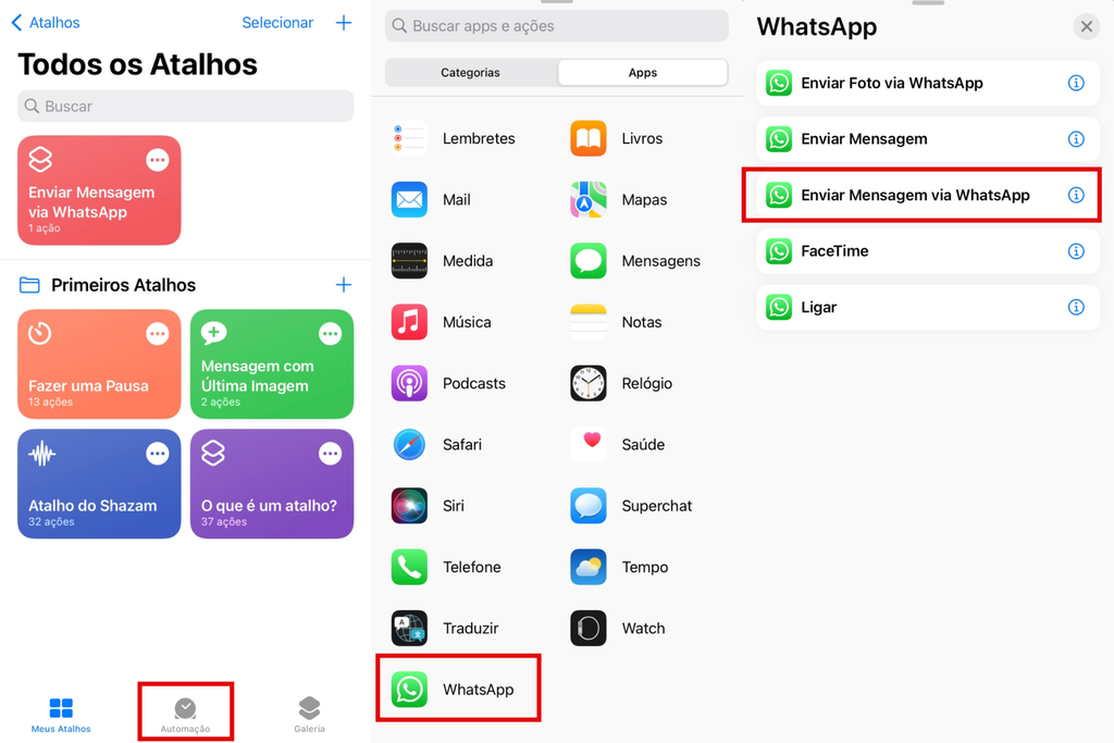 Ferramenta Atalhos permite agendar mensagens no WhatsApp para iOS (Imagem: Captura de tela/Guilherme Haas/Canaltech)