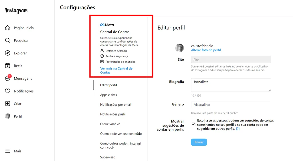A Central de Contas também pode ser acessada no Instagram pelo computador (Imagem: Captura de tela/Fabrício Calixto/Canaltech)