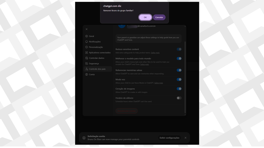 ChatGPT oferece opção para jovens desligarem controle parental com um único clique (Imagem: Captura de tela/Bruno De Blasi/Canaltech)