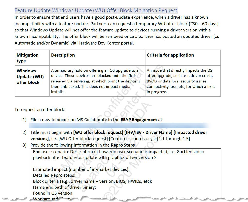 Documento da Microsoft enviado às fabricantes de hardware que fala sobre a mudança de abordagem nas atualizações do Windows 10 (Imagem: Dr. Windows)