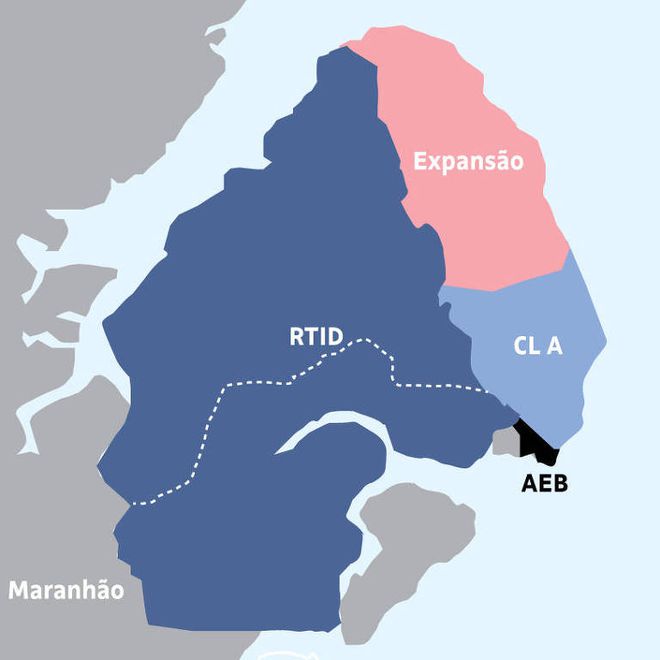 Mapa da expansão prevista para a base de Alcântara, de acordo com documentos obtidos pela Folha