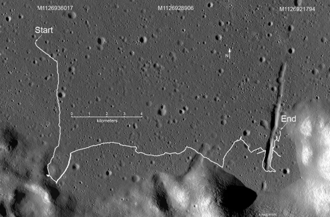 Trajetória do rover Lunokhod 2 registrado pela sonda Lunar Reconnaissance Orbiter da NASA (Imagem: Reprodução/NASA/GSFC/Arizona State University)