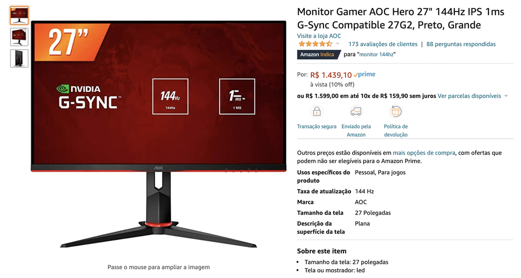 Monitor Gamer AOC Hero 27" 144Hz IPS 1ms GSync Compatible 27G2 Preto