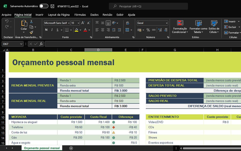 A planilha de gastos pessoais é um dos melhores templates prontos para usar no Office (Captura de tela: Matheus Bigogno)