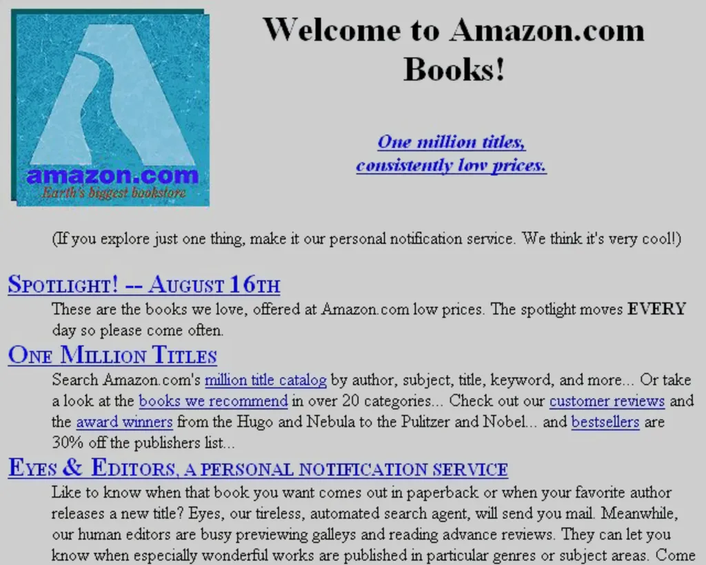 O site antigo da Amazon apresentava apenas alguns link e um monte de “nada” em cinza (Imagem: Reprodução/Web Design Museum)