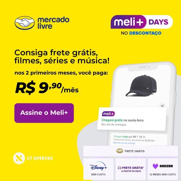 Assine o MELI+ por R$ 9,90 nos dois primeiros meses e tenha acesso a benefícios como: Disney+ incluso, Deezer grátis por 12 meses, descontos EXCLUSIVOS e frete grátis em milhões de produtos