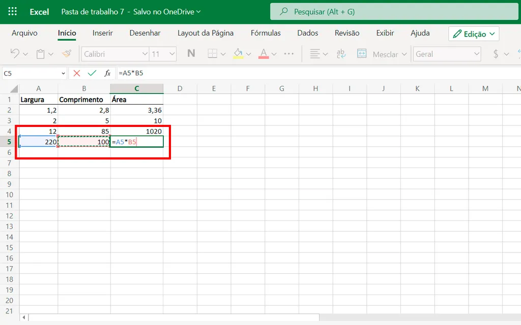 Saiba como usar o Excel para calcular metro quadrado (Captura de tela: André Magalhães)