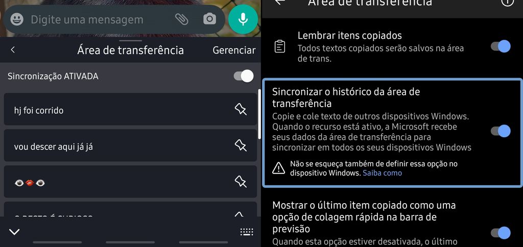 Área de transferência sincronizada precisa ser habilitada manualmente no menu de configurações do app e do PC (Imagem: Igor Almenara/Canaltech)