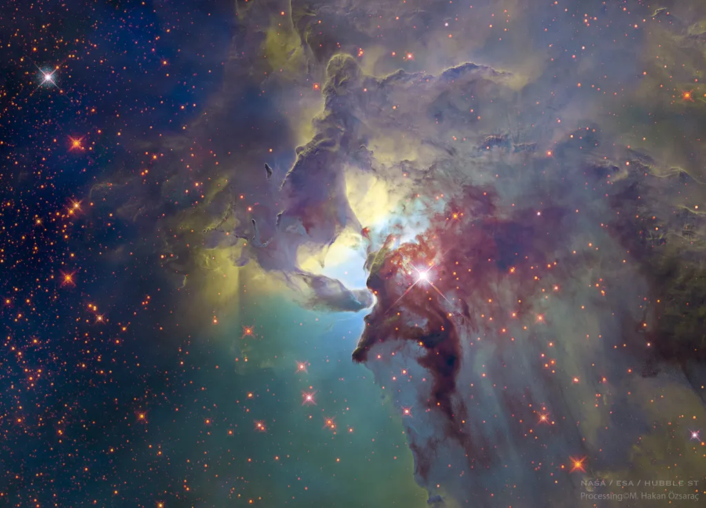 A Nebulosa da Laguna, localizada a aproximadamente 4 mil anos-luz (Imagem: Reprodução/NASA, ESA, Hubble; Processing & Copyright: Mehmet Hakan Özsaraç)