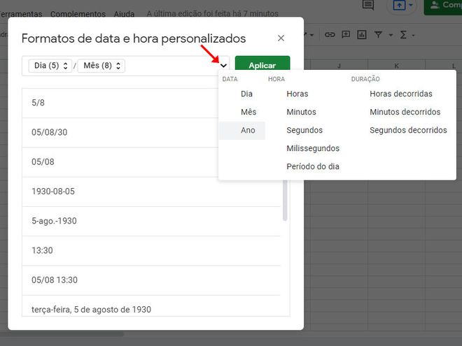 Crie um formato personalizado, adicionando data, hora ou até mesmo a duração (Captura de tela: Matheus Bigogno)