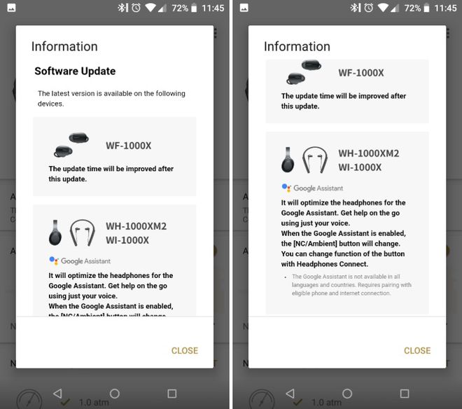 Telas de atualização dos fones sem fio da Sony no app Sony Headphones Connect (Capturas de tela: AndroidPolice)