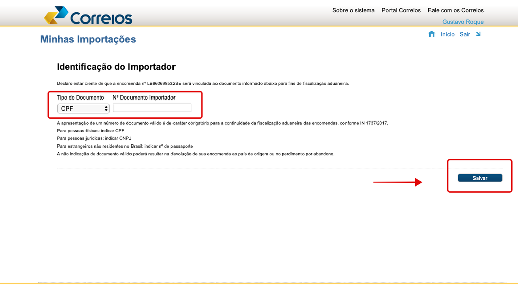 Insira seu CPF ou passaporte no 'Identificador do Impador' / Captura de tela: Bruno Salutes