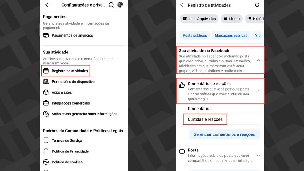 Passos para visualizar o registro de atividades do Facebook